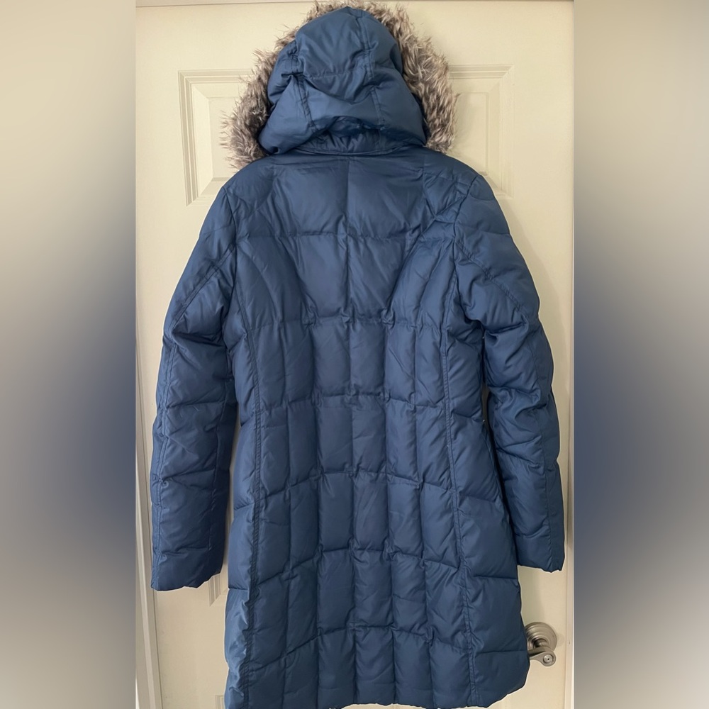 Eddie Bauer Down Parka Coat Jacket Faux Fur detachable trim Blue Mid length M
